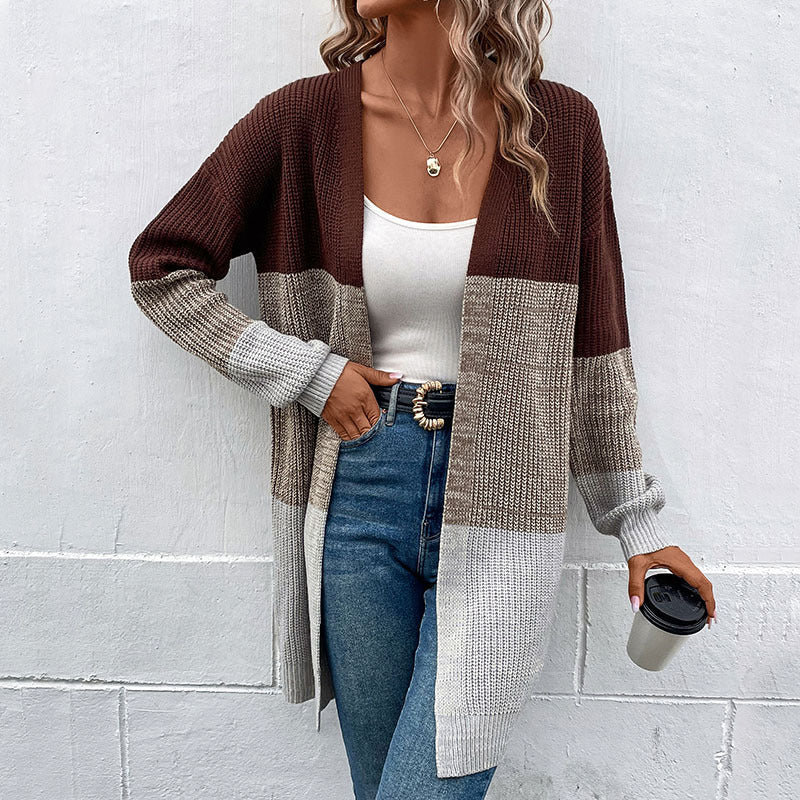 Fashion women's autumn and winter new long-sleeved color-blocking long sweater cardigan