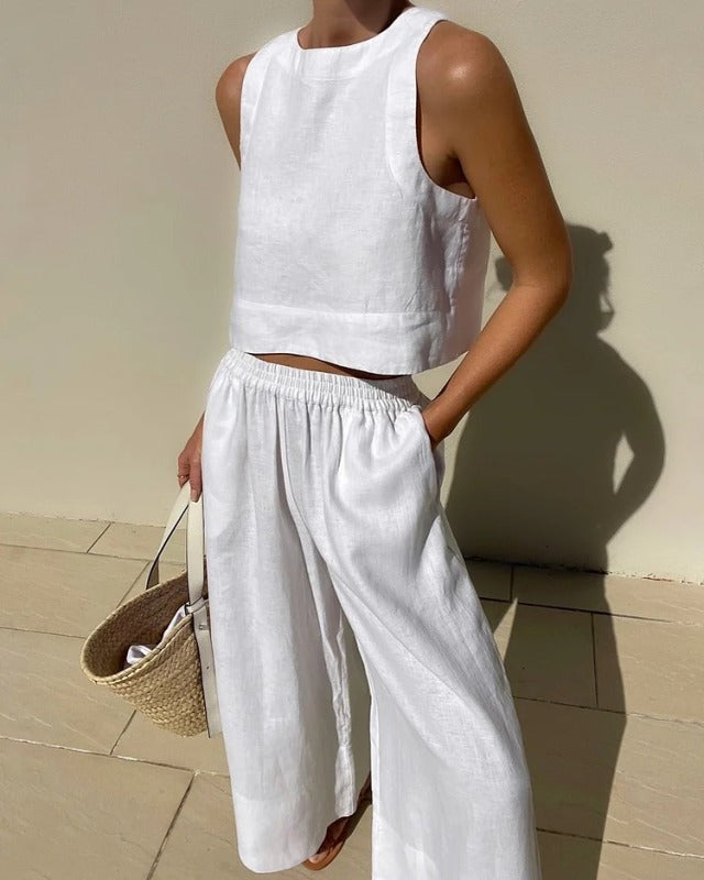 New casual loose solid color sleeveless shirt trousers two-piece set