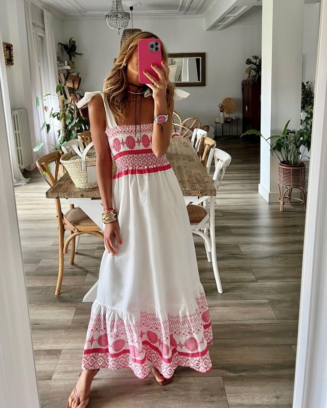 New Tie Printed Sweet Elastic Bohemian Maxi Dress