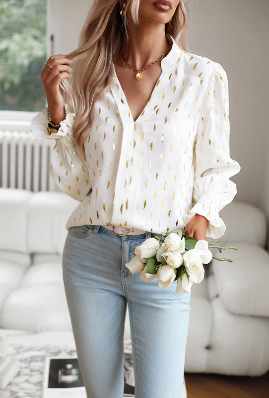 Women's v-neck bronzing polka dot long-sleeved shirt blouse