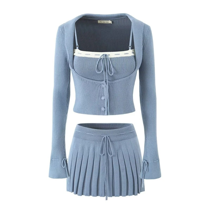 Women's New Lapel Long-sleeved Jacket + Color Matching Suspenders + Pleated Skirt