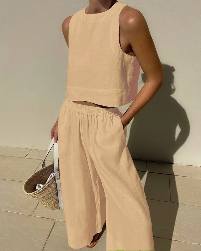 New casual loose solid color sleeveless shirt trousers two-piece set