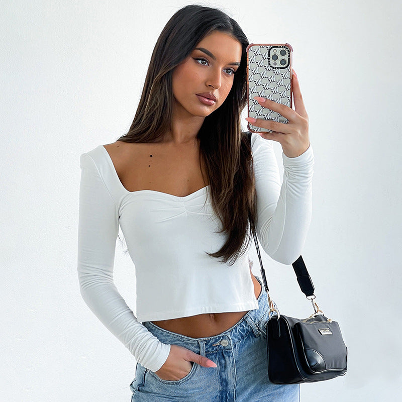 New Solid Color Square Neck Long Sleeve Gathered Side Slit Top T-Shirt