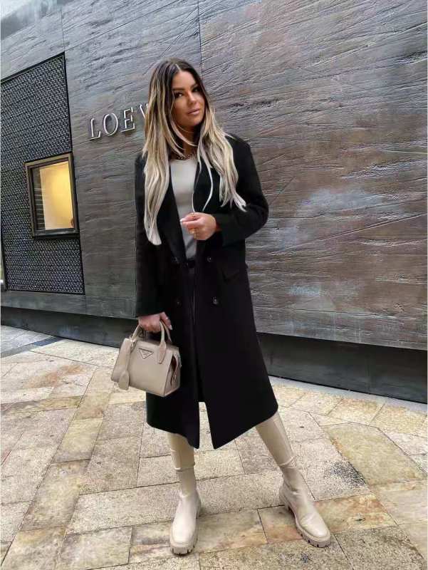 women's long sleeve suit collar double breasted woolen coat coat