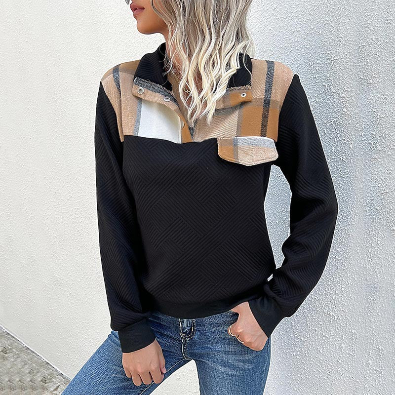 Fashion women's color-block check pattern stitching sweater